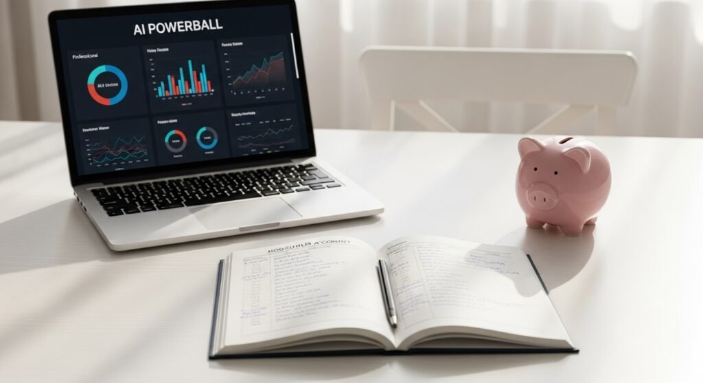 가계부와 노트북을 함께 펼쳐놓고 수익을 기록하는 모습