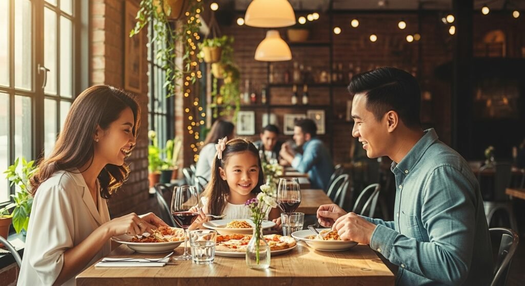 수익으로 가족과 즐거운 외식을 하는 모습